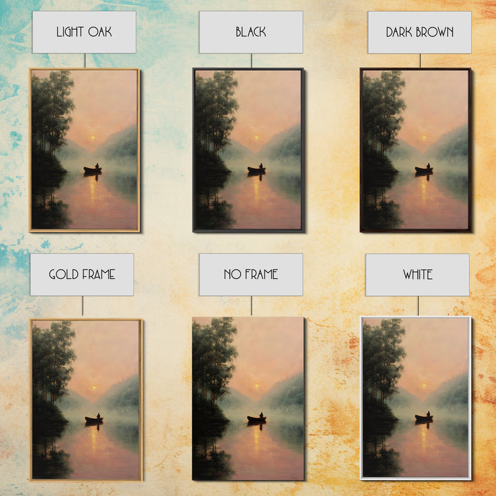 Peaceful Sunrise Lake Fisherman Landscape Oil Painting Large Wall Art Framed Canvas Print Rustic Decor