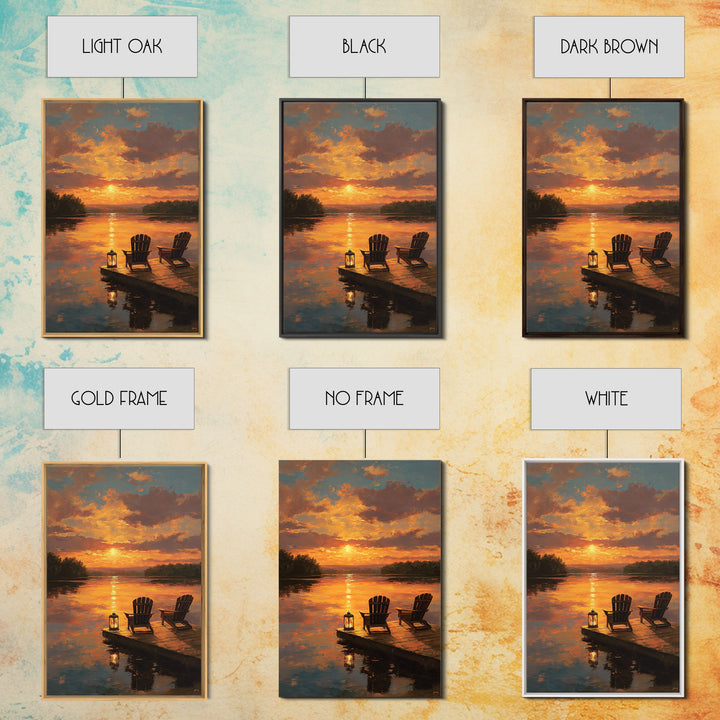 Warm Sunset Landscape Oil Painting With Adirondack Chairs And Reflection On Water Wall Art Framed Canvas Print