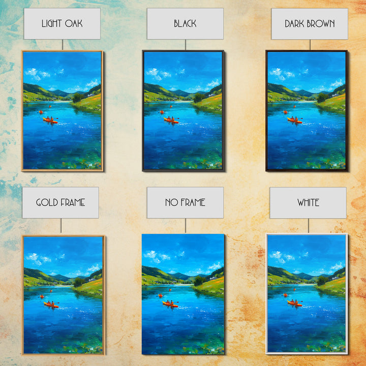 Vivid Kayakers On Blue Lake Under Clear Sky Colorful Outdoor Landscape Oil Painting Canvas Print