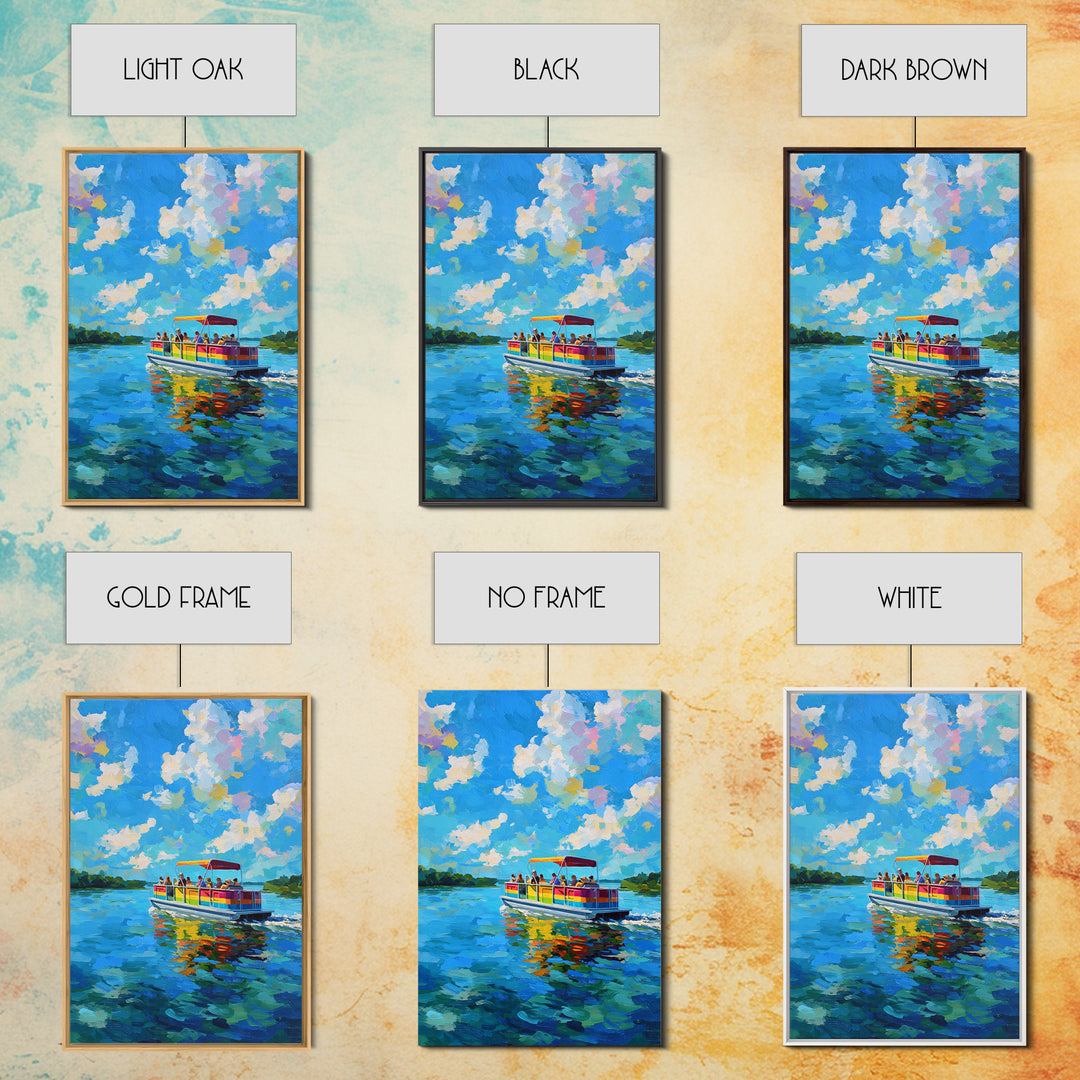 Vibrant Colorful Boat On Lake Under Blue Sky Bright Contemporary Painting Wall Art Framed Canvas Print