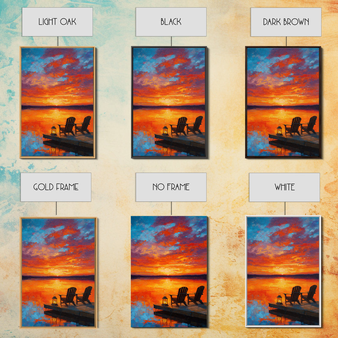 Warm Vibrant Sunset Lake Dock Scene Oil Painting Canvas Print Large Wall Art For Cozy Home Decor Living Room