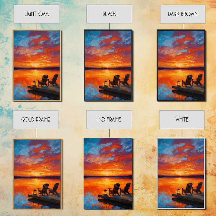 Warm Vibrant Sunset Lake Dock Scene Oil Painting Canvas Print Large Wall Art For Cozy Home Decor Living Room