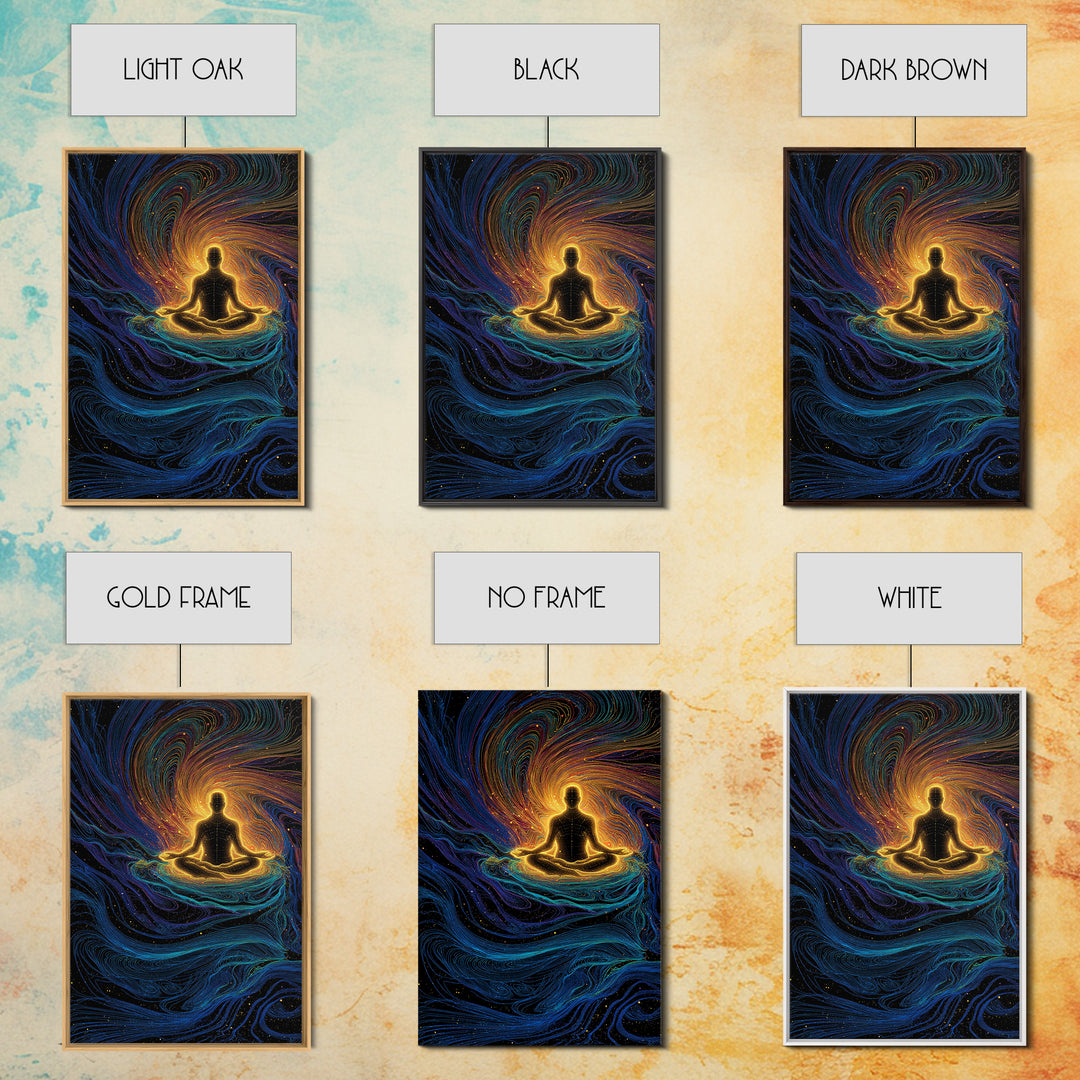Glowing Meditation Figure Canvas Print, Spiritual Energy Wall Art, Psychedelic Zen Decor, Celestial Yoga Room Gift Decor
