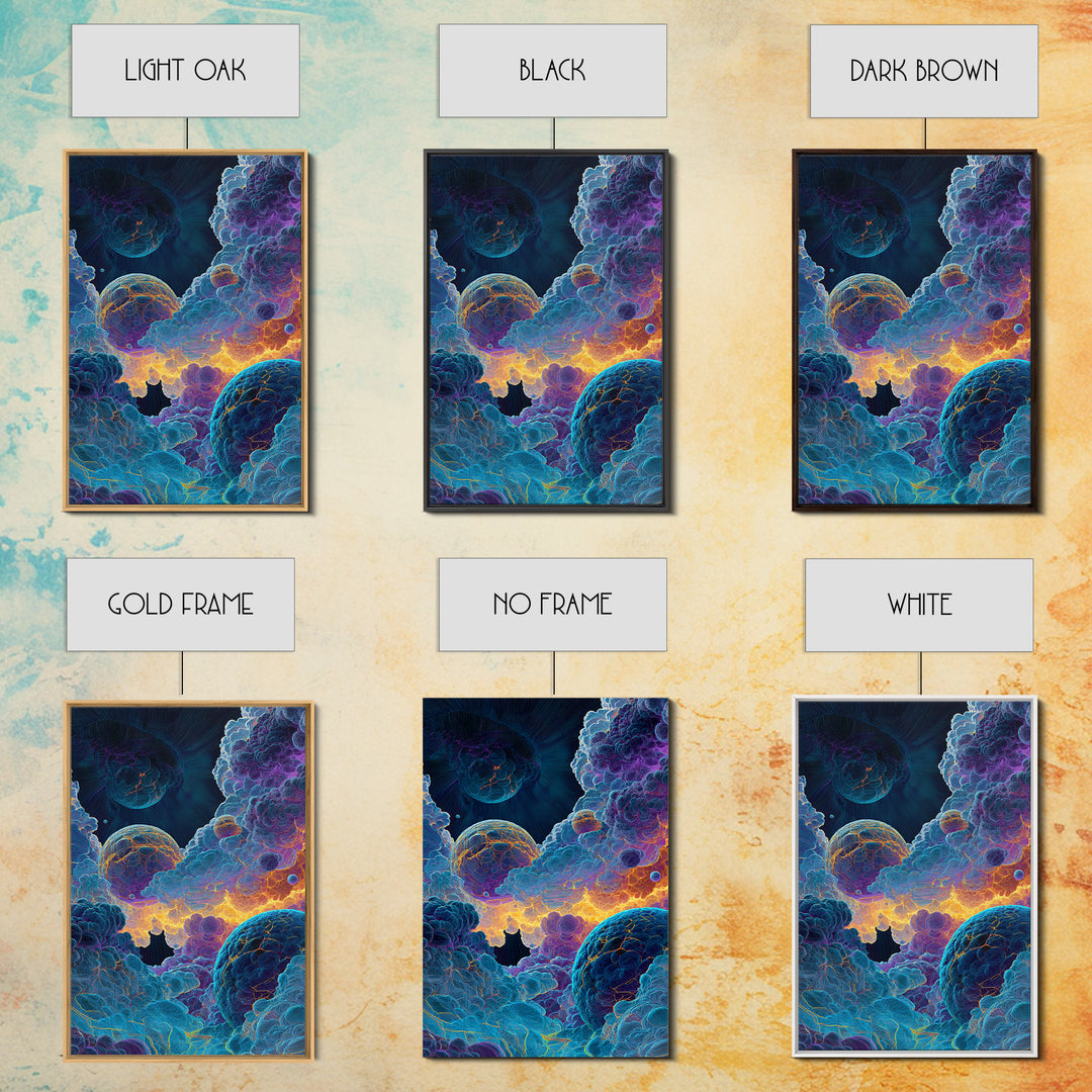 Surreal Cosmic Planets In Storm Clouds Wall Art, Psychedelic Space Print, Celestial Fantasy Home Decor, Moody Bedroom Gift