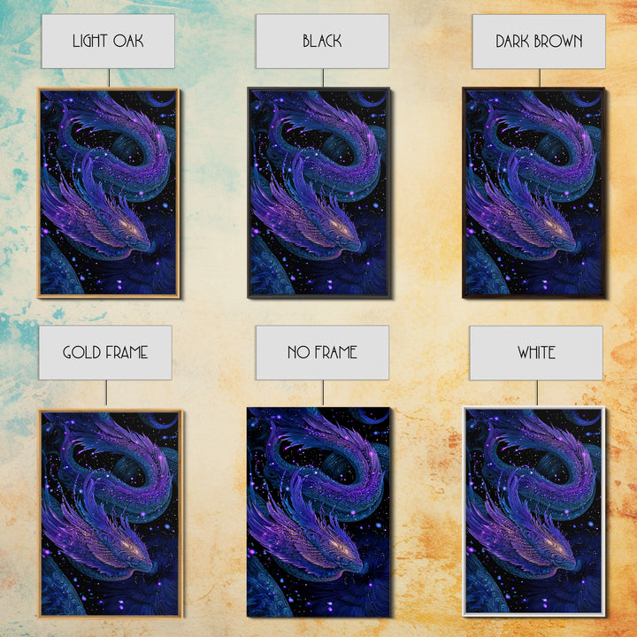 Celestial Twin Dragon Canvas Print, Purple Blue Fantasy Art, Mythical Space Wall Decor For Gamer Room And Unique Gift Idea