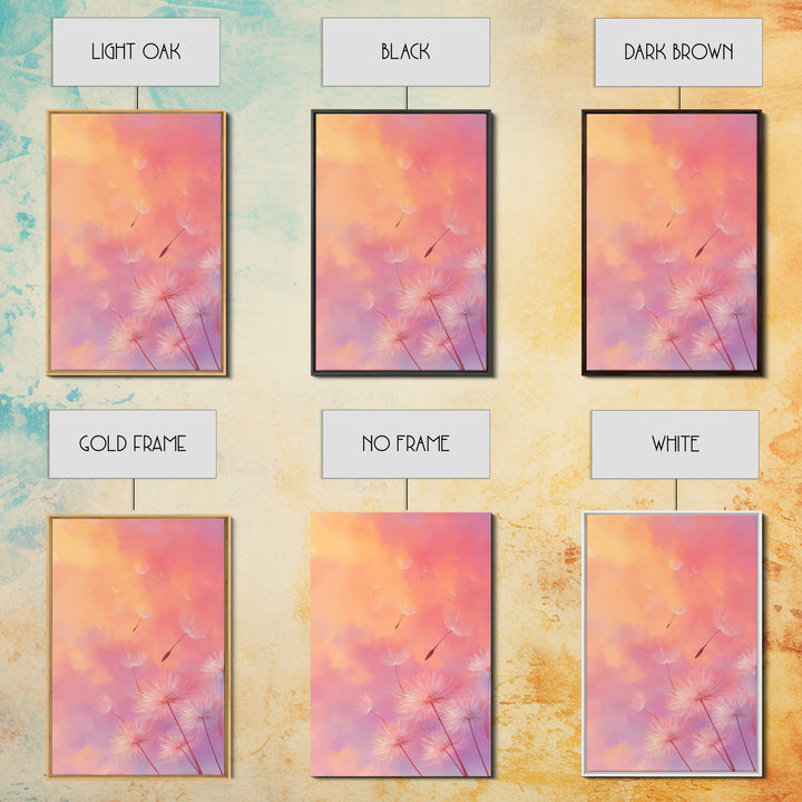 Floating Dandelion Seeds At Sunset Canvas Print, Pink Orange Wall Art For Bedroom Decor, Dreamy Feminine Nursery Art Gift