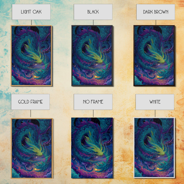 Cosmic Teal Dragon Wall Art, Fantasy Serpent Painting, Celestial Decor, Mystical Canvas, Unique Gift For Fantasy Lovers Decor