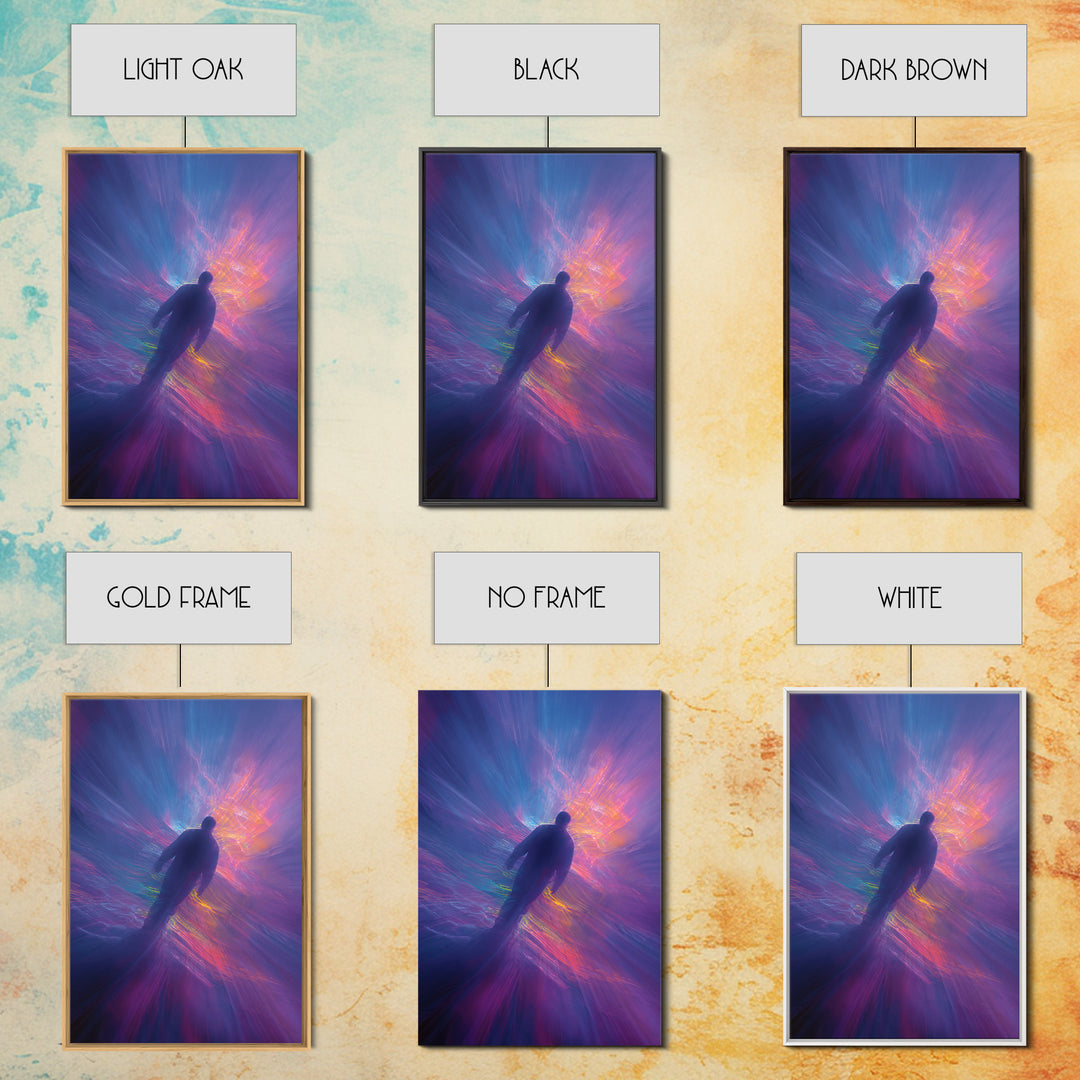 Neon Astral Figure In Purple Light Vortex Wall Art, Psychedelic Abstract Art Print, Celestial Space Decor, Modern Wall Decor