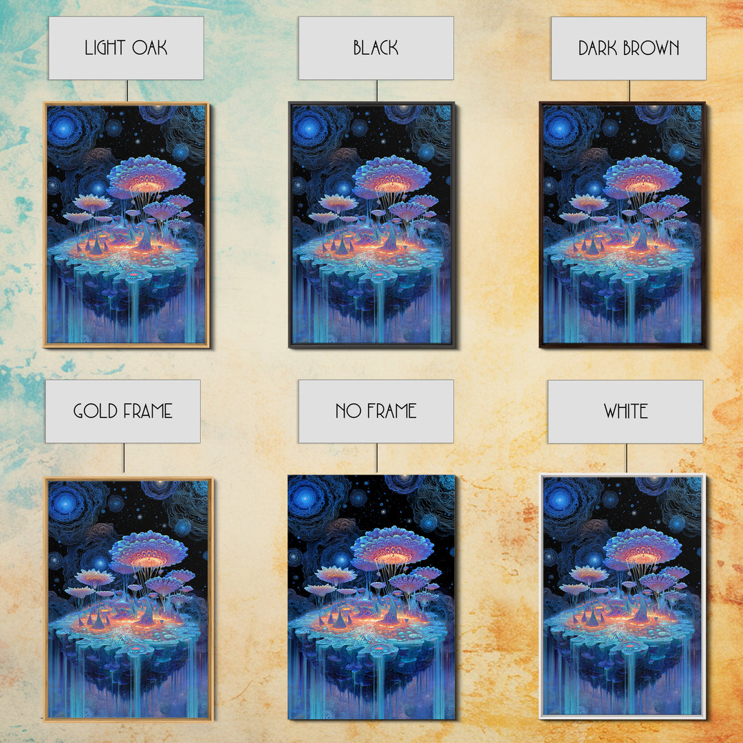 Bioluminescent Mushroom Island Framed Canvas Print, Fantasy Landscape Wall Art, Psychedelic Decor, Whimsical Nature Art