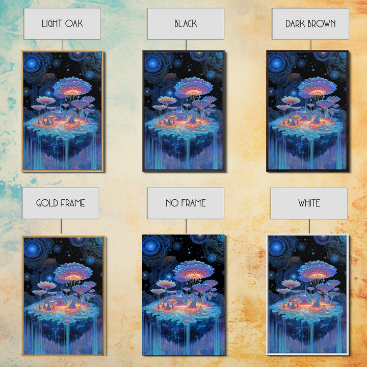Bioluminescent Mushroom Island Framed Canvas Print, Fantasy Landscape Wall Art, Psychedelic Decor, Whimsical Nature Art