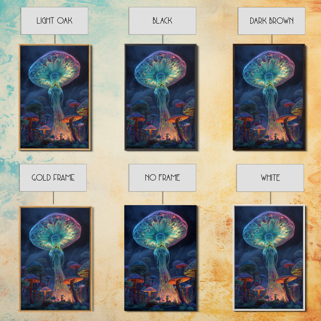 Vibrant Neon Mushroom Fantasy Landscape Canvas Print With Glowing Magical Fungi In A Mystical Night Forest Wall Art