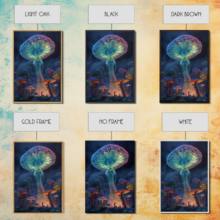 Vibrant Neon Mushroom Fantasy Landscape Canvas Print With Glowing Magical Fungi In A Mystical Night Forest Wall Art