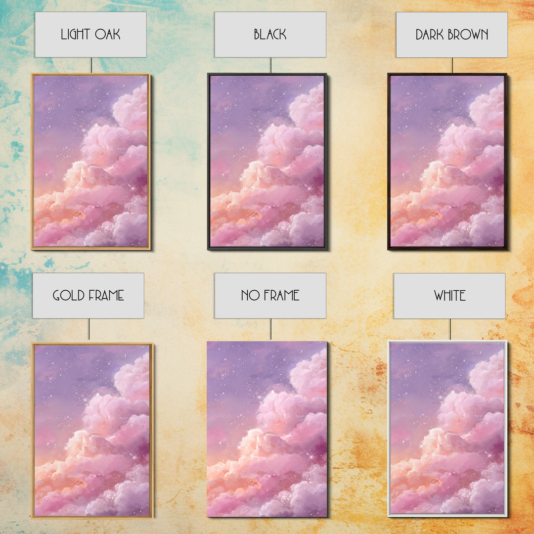 Sparkling Pink Clouds Under Starry Sky Canvas Print, Celestial Wall Art For Dreamy Bedroom Decor And Whimsical Nursery Decor