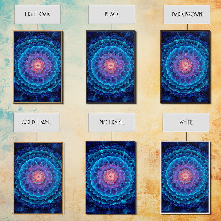 Glowing Blue Lotus Mandala Framed Canvas Print, Spiritual Wall Art, Meditation Decor, Celestial Abstract Art For Yoga Room