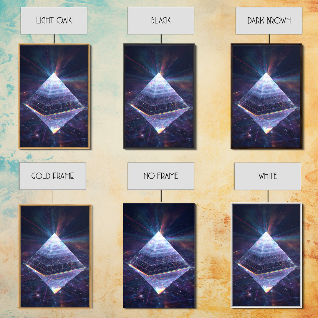 Glowing Crystal Pyramid Framed Canvas Print, Celestial Space Wall Art, Sacred Geometry Decor For Modern Home And Office Decor