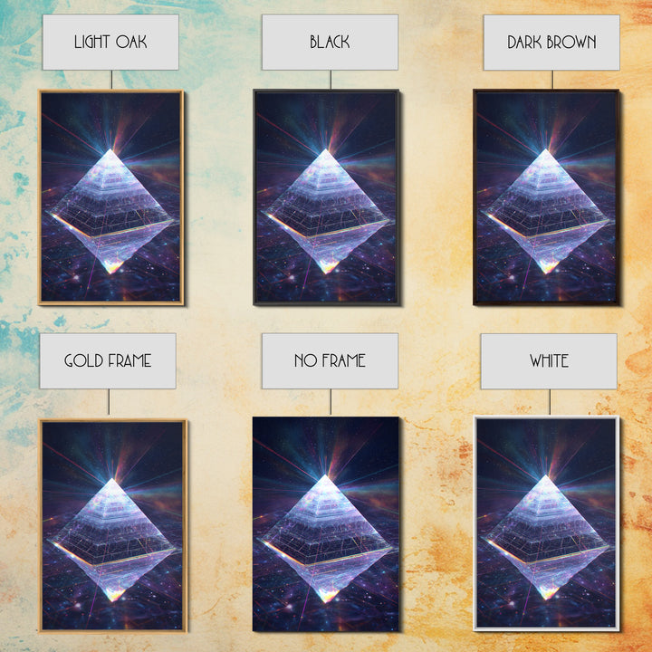Glowing Crystal Pyramid Framed Canvas Print, Celestial Space Wall Art, Sacred Geometry Decor For Modern Home And Office Decor