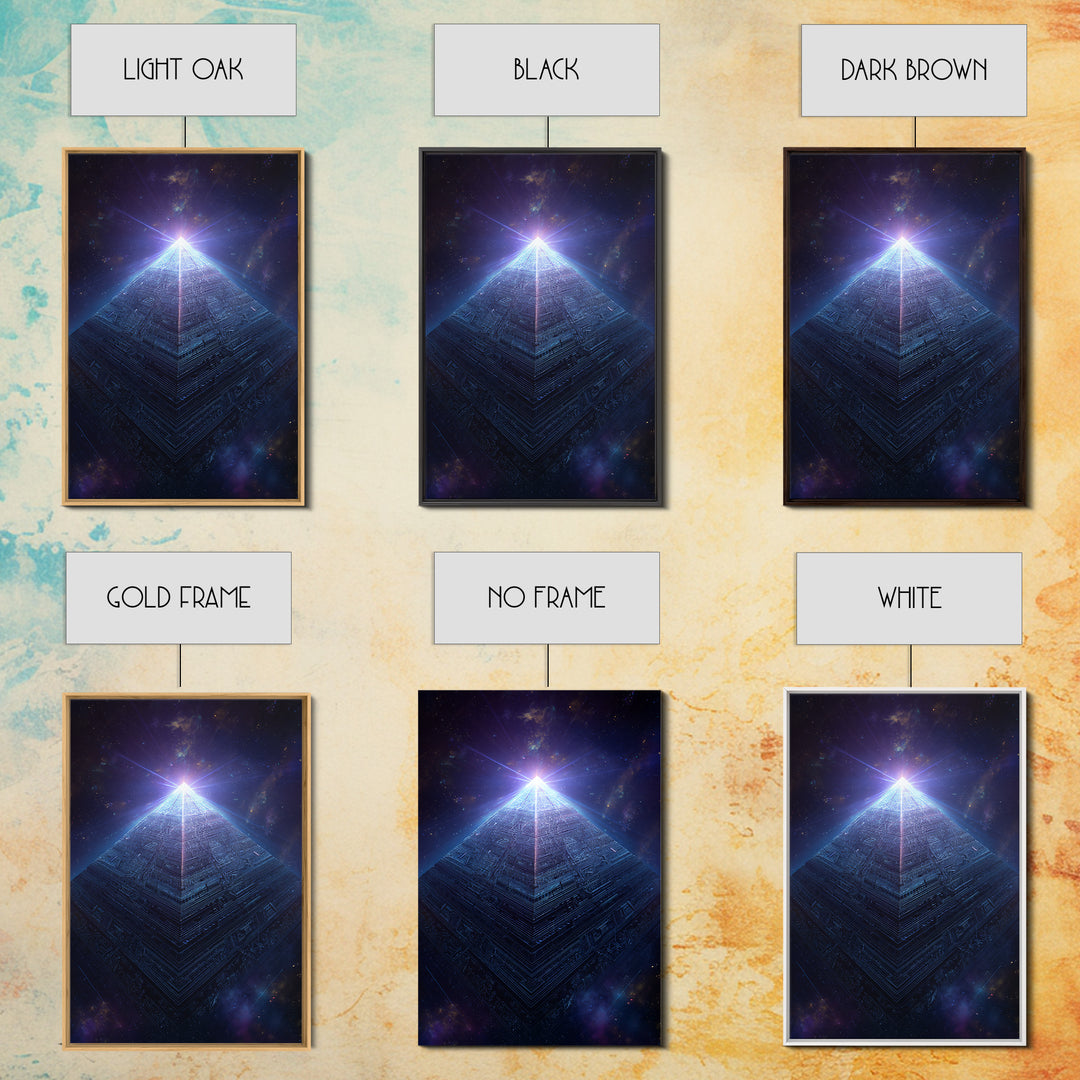 Luminous Cosmic Pyramid In Starry Space Wall Art, Geometric Sci Fi Art Print, Futuristic Decor, Mystical Statement Wall Art