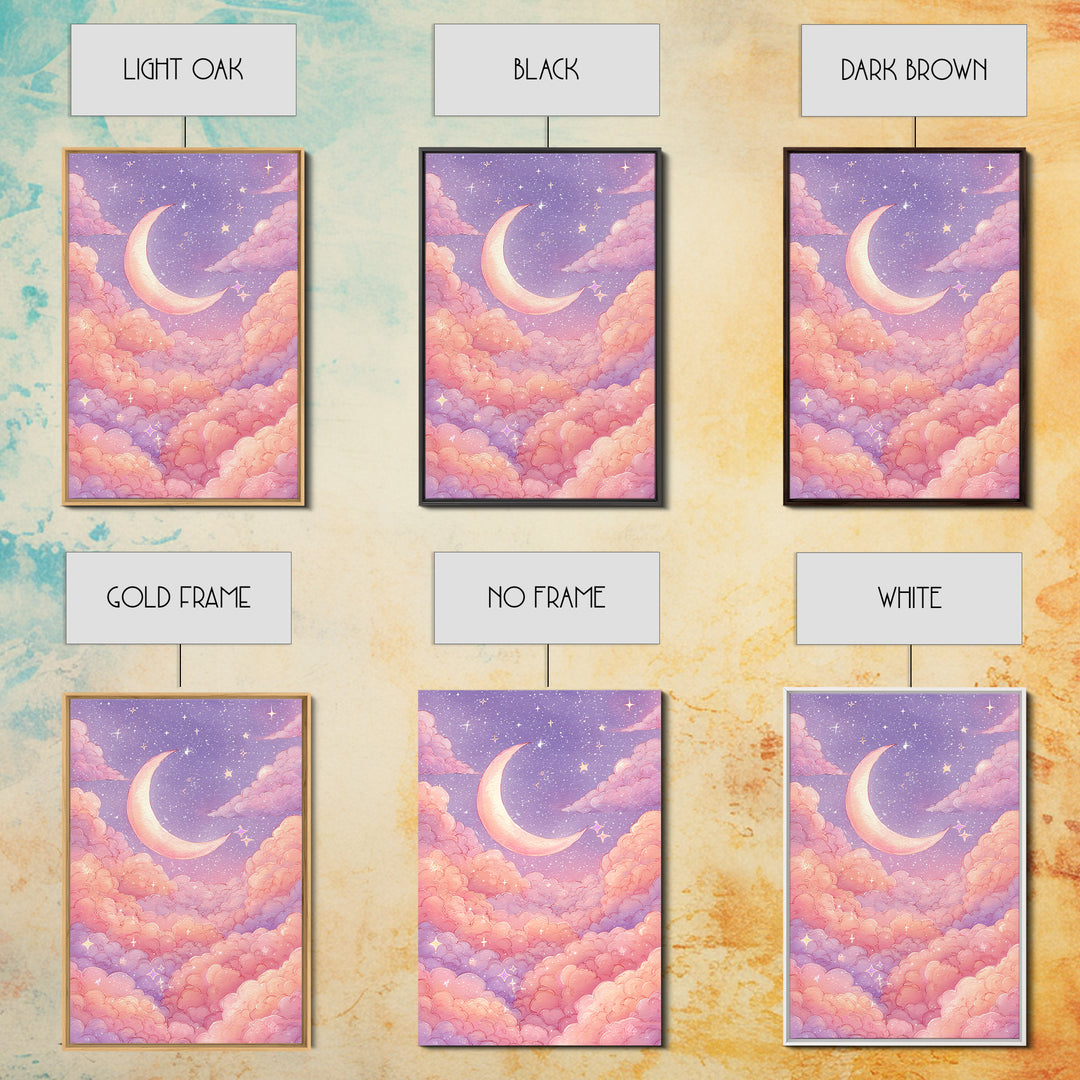 Pastel Crescent Moon In Pink Clouds Wall Art, Celestial Nursery Art, Dreamy Moon And Stars Decor For Bedroom Wall Decor Gift