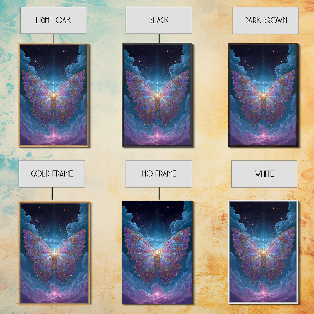 Radiant Celestial Butterfly Framed Canvas Print, Fantasy Insect Wall Art, Mystical Cloud Decor, Ethereal Nursery Gift Idea