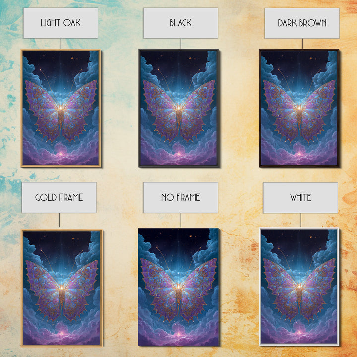 Radiant Celestial Butterfly Framed Canvas Print, Fantasy Insect Wall Art, Mystical Cloud Decor, Ethereal Nursery Gift Idea