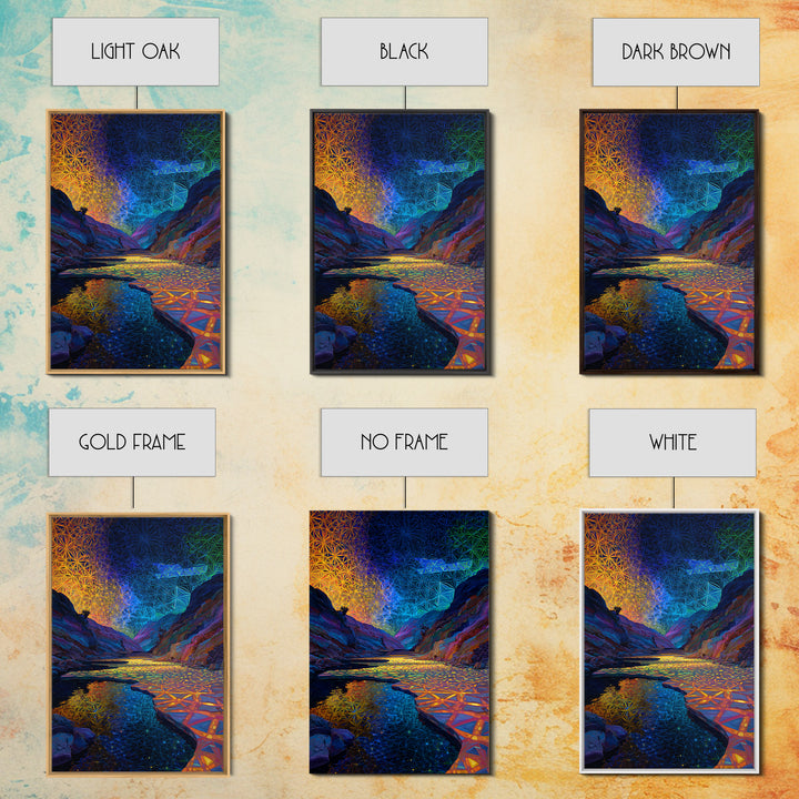 Sacred Geometry Canyon River Wall Art, Flower Of Life Landscape Print, Psychedelic Nature Decor, Meditation Room Wall Art