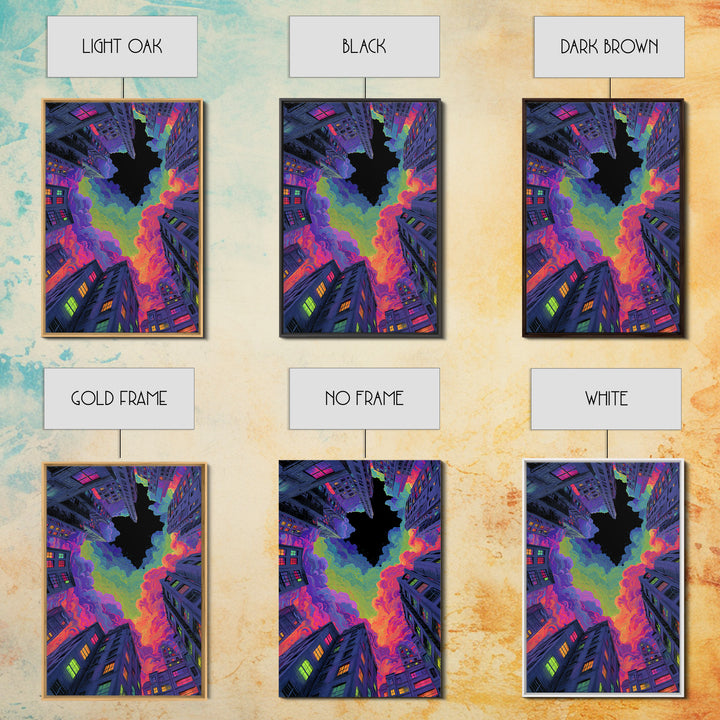 Neon City Skyscrapers Under Rainbow Clouds Wall Art, Urban Pop Art Print, Cyberpunk Decor, Modern Maximalist Living Room Wall Art