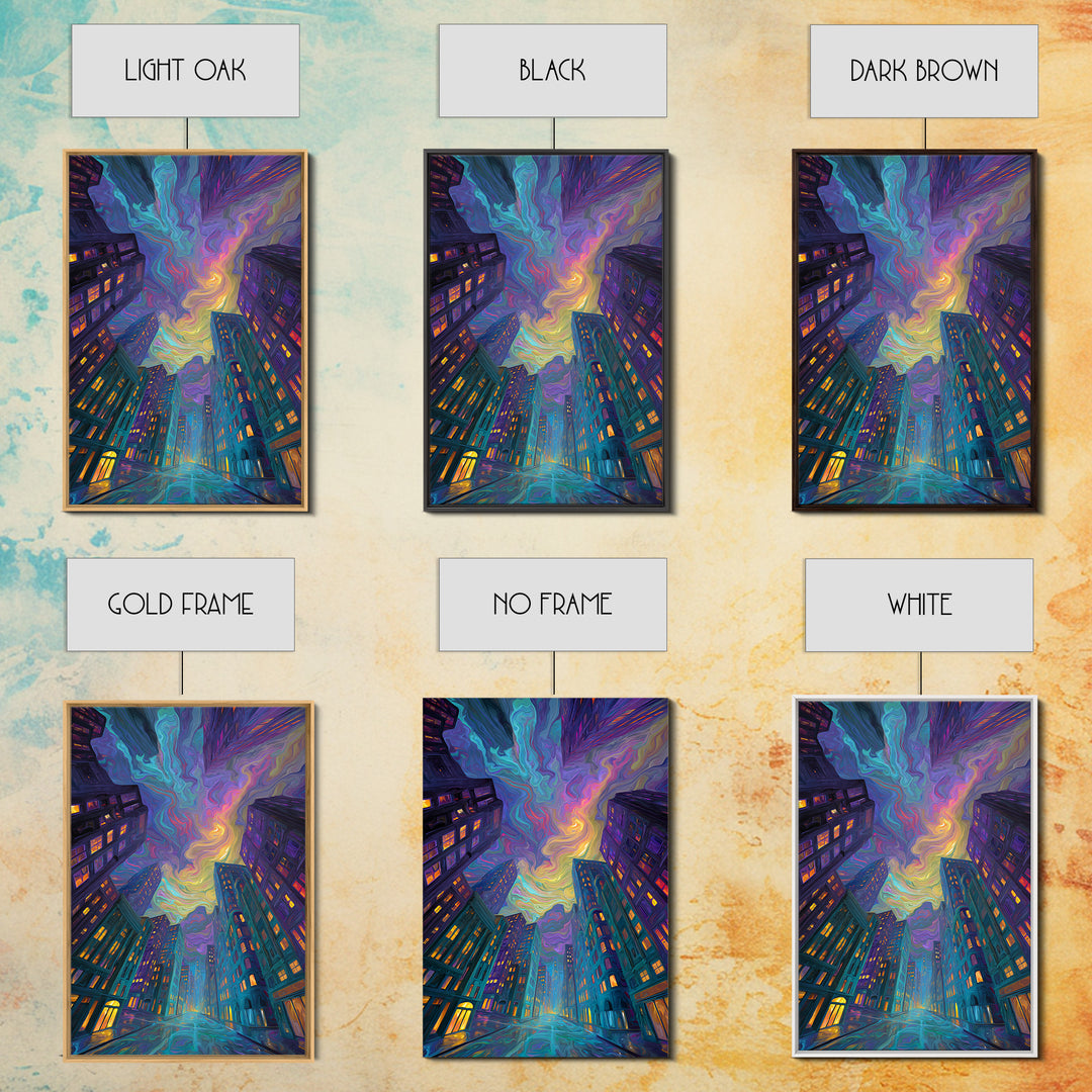Swirling Neon City Skyline Framed Canvas Print, Psychedelic Urban Wall Art, Modern Apartment Decor, Colorful Living Room Gift