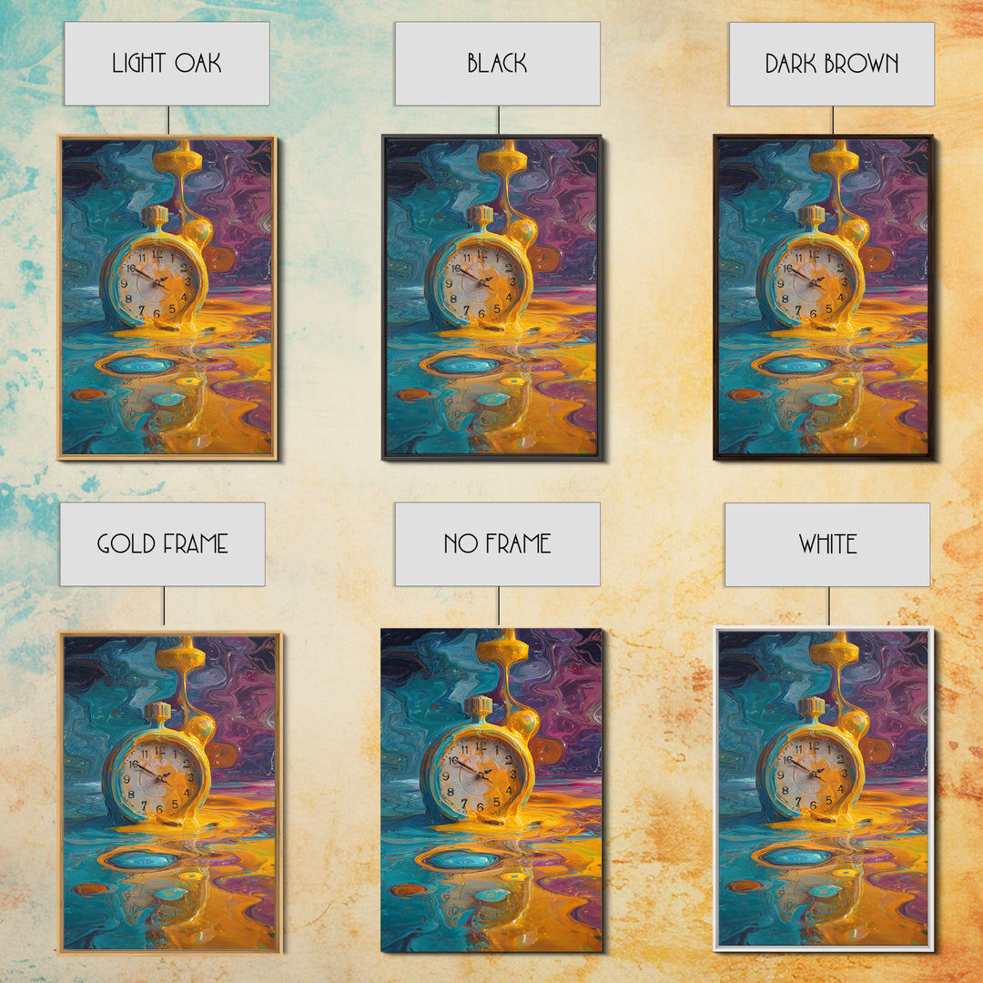Melting Golden Alarm Clock Canvas Print, Surreal Wall Art, Colorful Abstract Painting, Whimsical Office Decor, Unique Gift