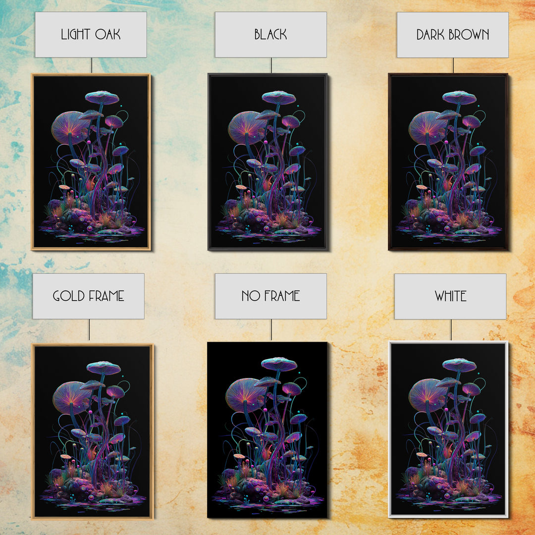 Bioluminescent Mushroom Garden On Black, Psychedelic Wall Art, Trippy Canvas Print, Gothic Decor, Unique Maximalist Gift