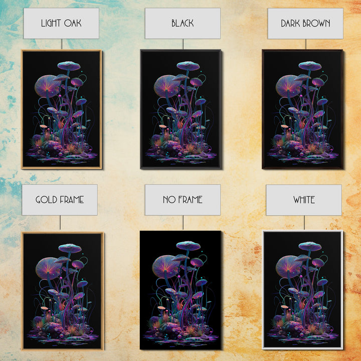 Bioluminescent Mushroom Garden On Black, Psychedelic Wall Art, Trippy Canvas Print, Gothic Decor, Unique Maximalist Gift