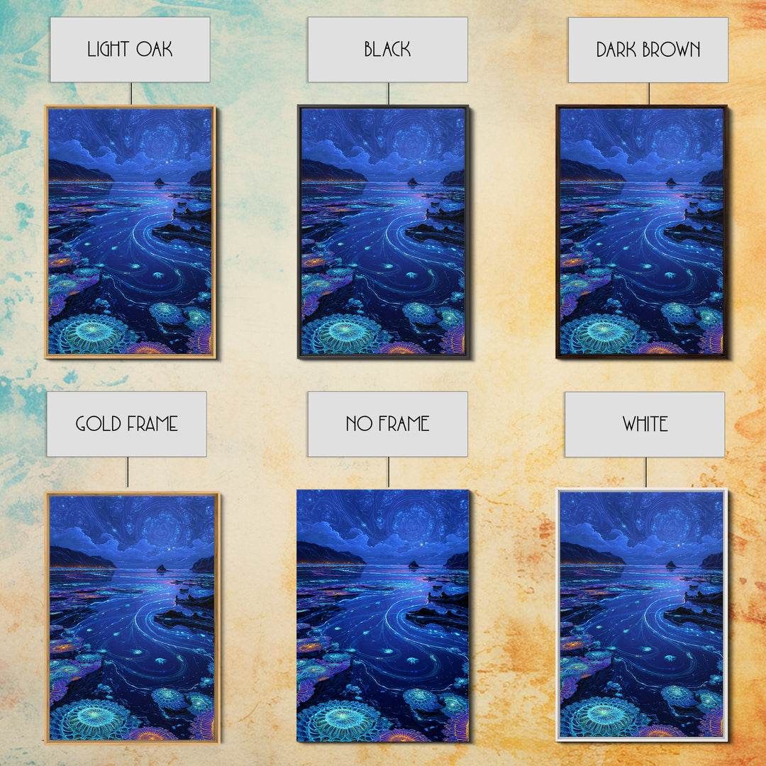 Bioluminescent Ocean Tide Pools Canvas Print, Blue Seascape Wall Art, Coastal Decor, Mystical Nature Art For Living Room