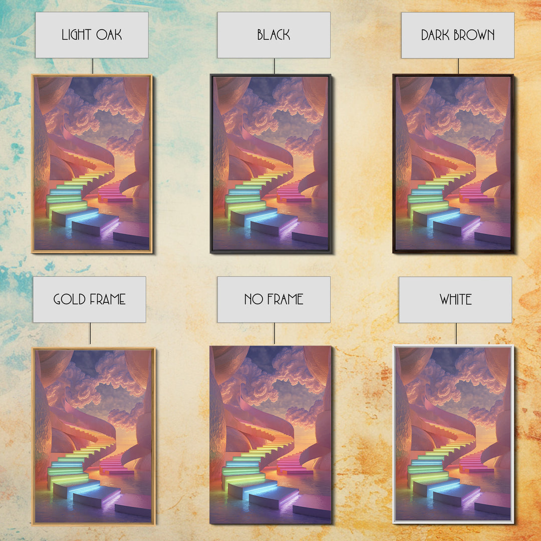 Dreamy Rainbow Stairway To Clouds Canvas Print, Surreal Pastel Fantasy Art, Celestial Wall Decor For Bedroom Home Decor Gift