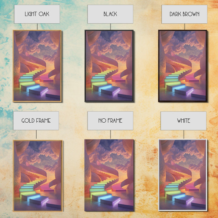 Dreamy Rainbow Stairway To Clouds Canvas Print, Surreal Pastel Fantasy Art, Celestial Wall Decor For Bedroom Home Decor Gift