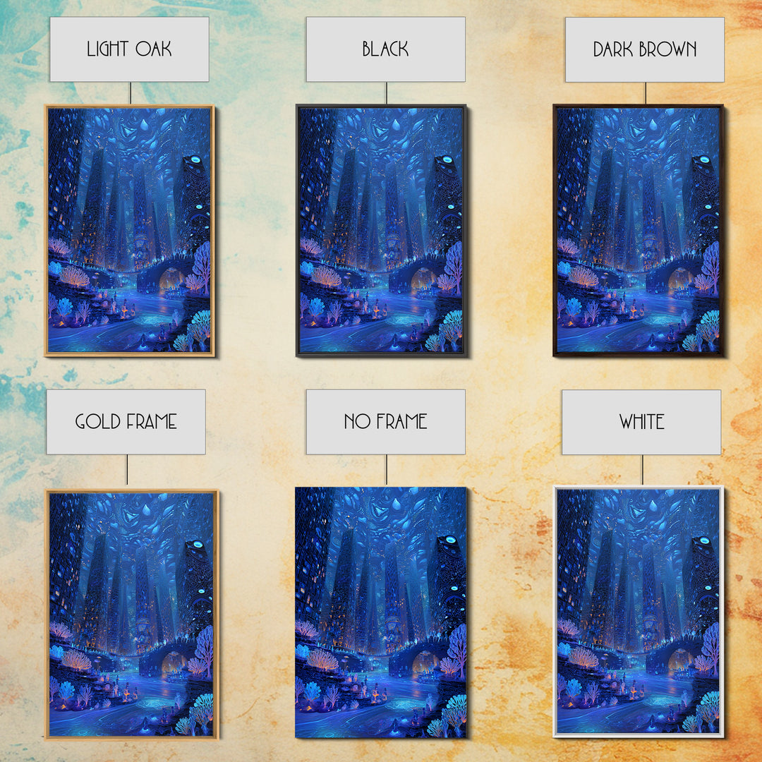 Bioluminescent Futuristic City Wall Art, Blue Sci Fi Metropolis Print, Cyberpunk Fantasy Decor, Large Canvas Poster Gift For Him