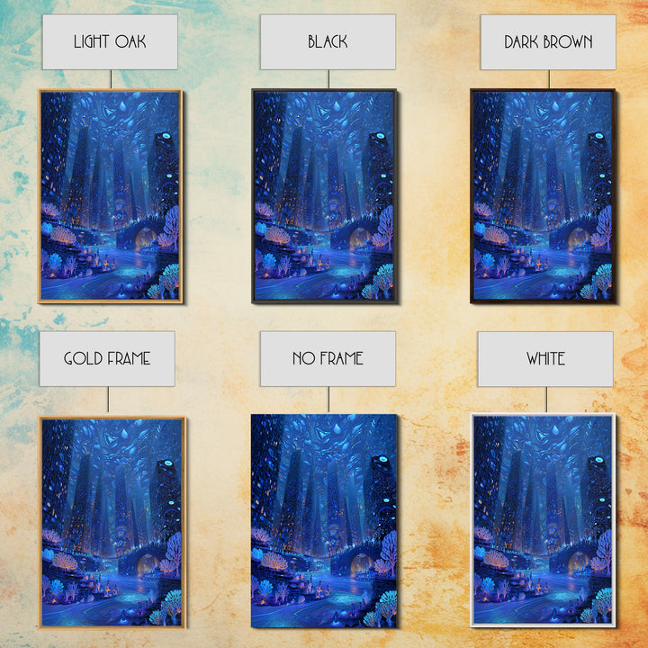 Bioluminescent Futuristic City Wall Art, Blue Sci Fi Metropolis Print, Cyberpunk Fantasy Decor, Large Canvas Poster Gift For Him