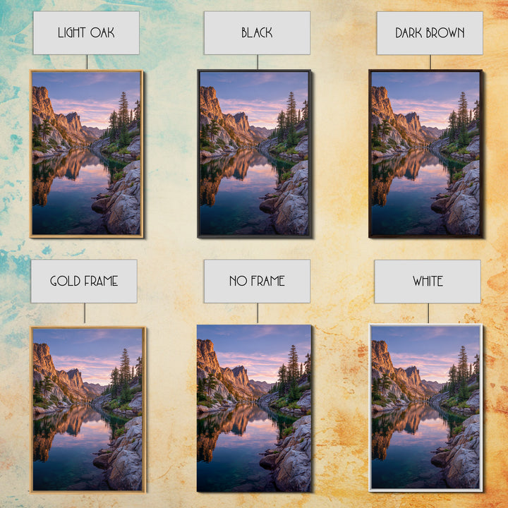 Stunning Mountain Lake Reflection At Sunset With Rocky Peaks And Pine Trees Wall Art Framed Canvas Print For Living Room