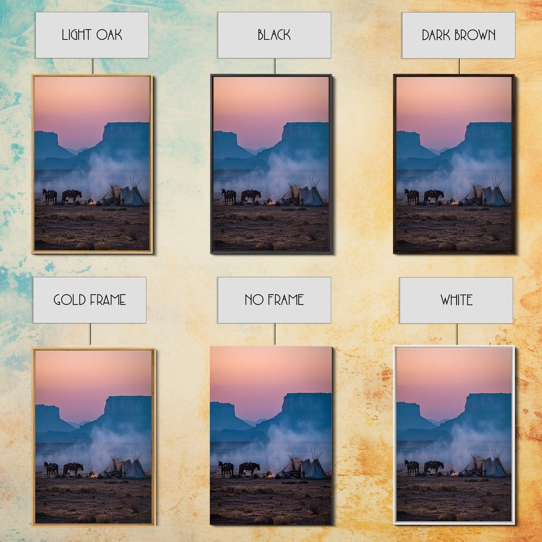 Misty Desert Sunrise With Horses And Teepees Landscape Photography Wall Art Print Large Wall Art