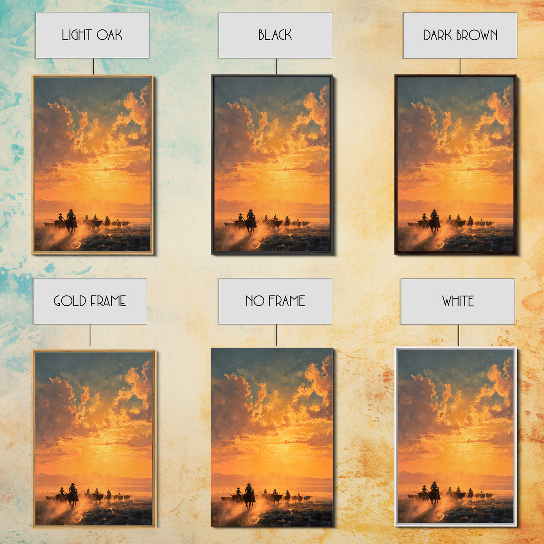 Sunset Cowboy Cattle Drive Ranch Scene Oil Painting Wall Art Framed Canvas Print For Rustic Farmhouse Home Decor
