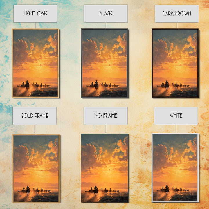 Sunset Cowboy Cattle Drive Ranch Scene Oil Painting Wall Art Framed Canvas Print For Rustic Farmhouse Home Decor