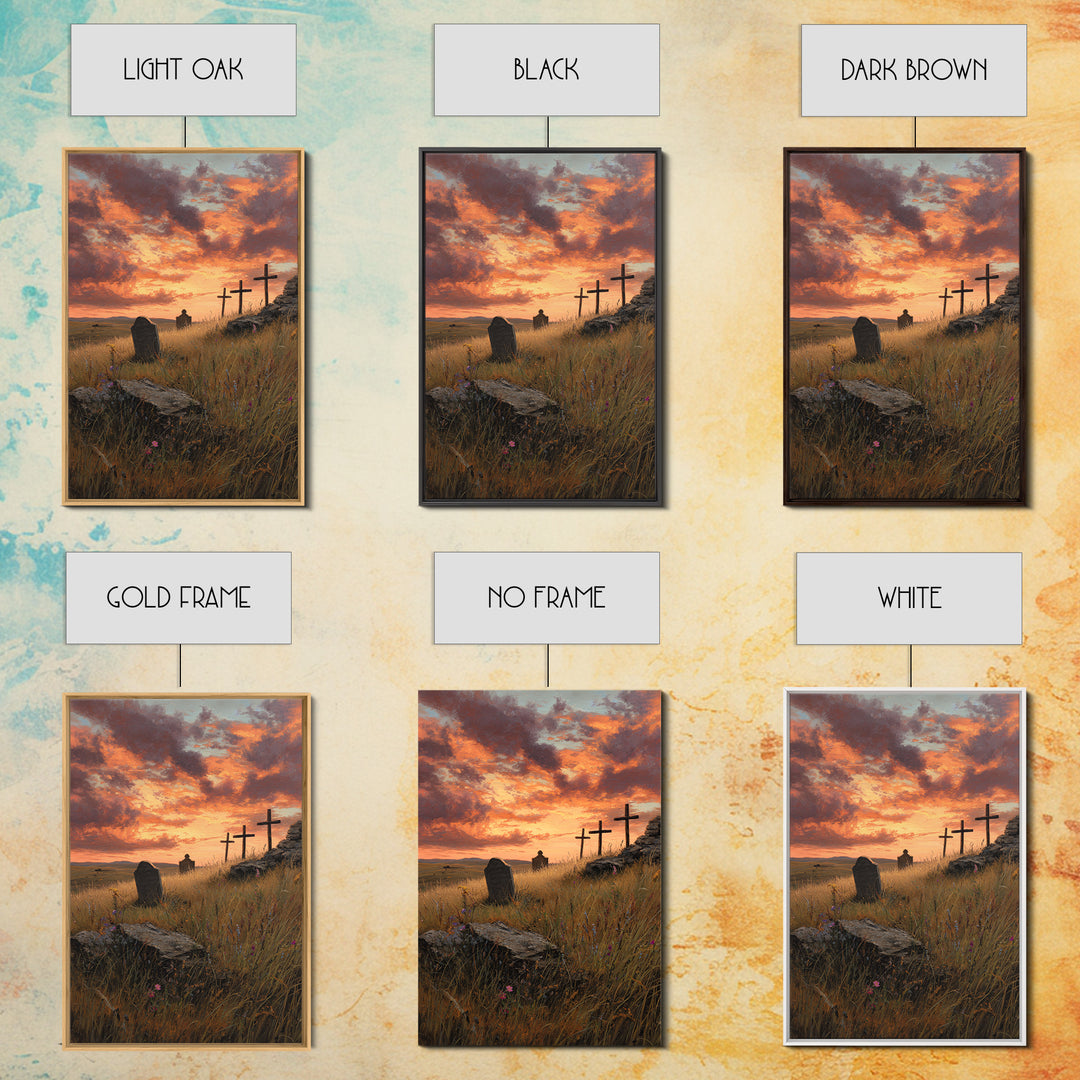 Sunset Cemetery Scene Oil Painting With Striking Sky And Crosses Wall Art Framed Canvas Print For Living Room Decor