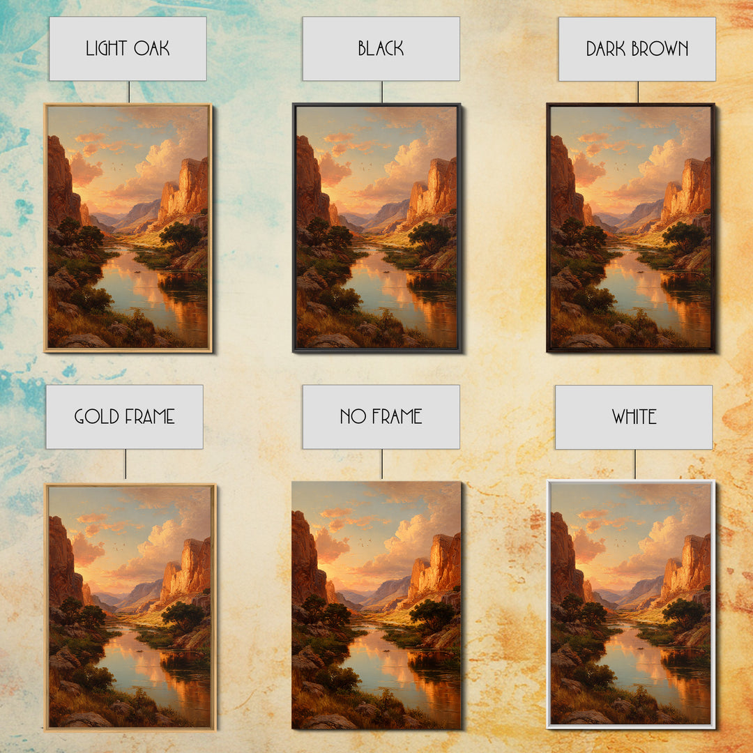 Sunset Over Majestic Canyon Landscape River Reflection Wall Art Framed Canvas Print For Rustic Home Decor