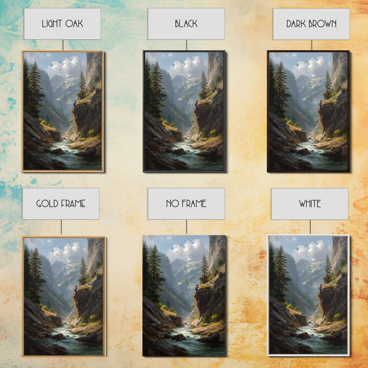 Majestic Mountain Canyon Landscape With Stream And Birds Original Oil Painting Canvas Print For Living Room Decor