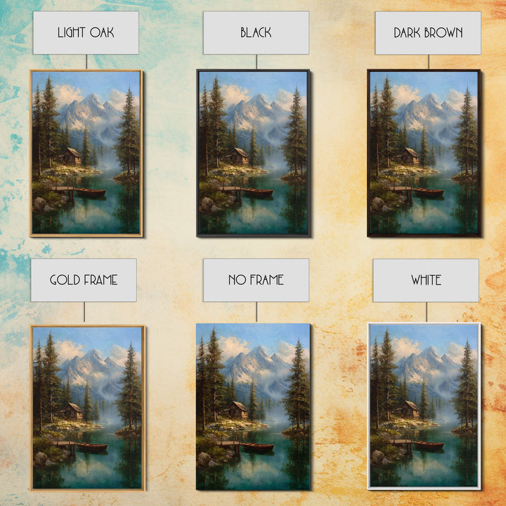 Tranquil Mountain Lake Cabin Scene Oil Painting Landscape Wall Art Canvas Print Rustic Home Decor Nature Lover Gift