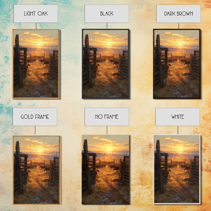 Sunset Over Rustic Cattle Farm Landscape Wall Art Framed Canvas Print For Western Home Decor And Cozy Living Room