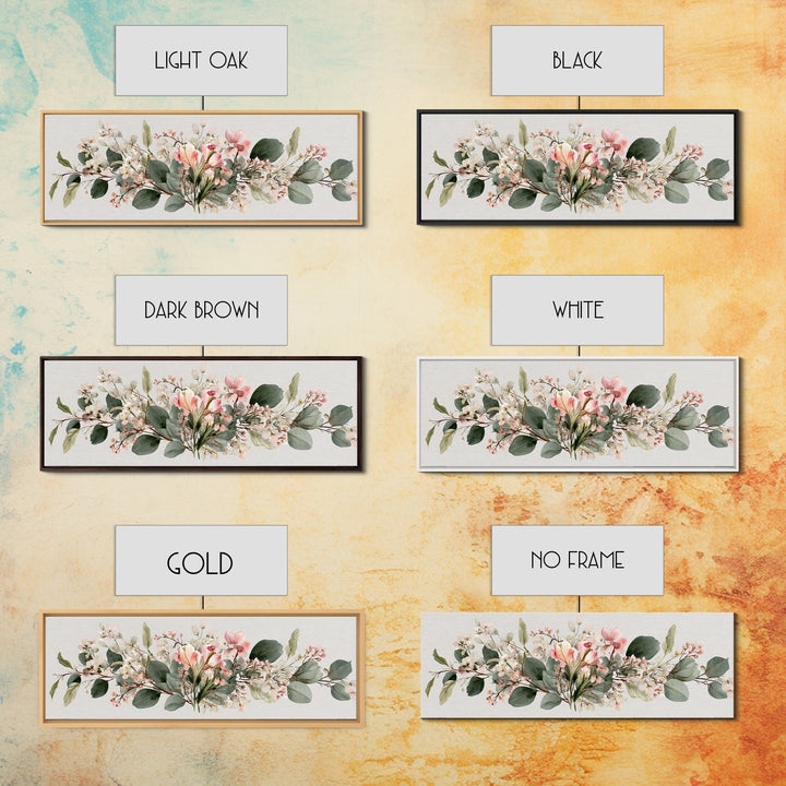 Soft Eucalyptus And Blush Magnolia Garland Wall Art, Panoramic Botanical Print, Neutral Floral Decor, Above Bed Canvas Print