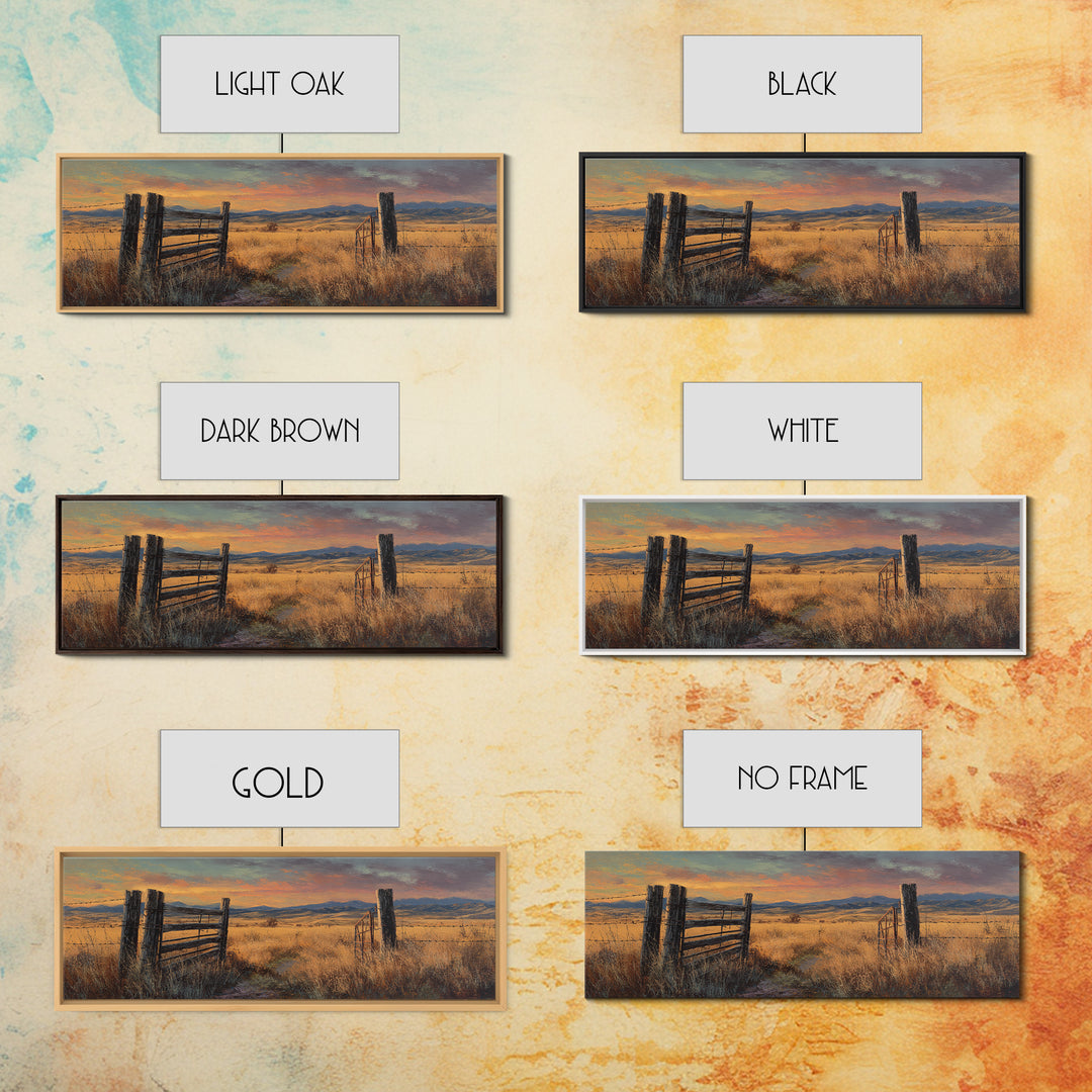 Weathered Fence And Golden Prairie Framed Canvas Print, Rustic Country Wall Art, Farmhouse Landscape, Warm Neutral Decor