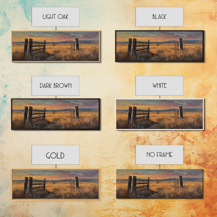 Weathered Fence And Golden Prairie Framed Canvas Print, Rustic Country Wall Art, Farmhouse Landscape, Warm Neutral Decor