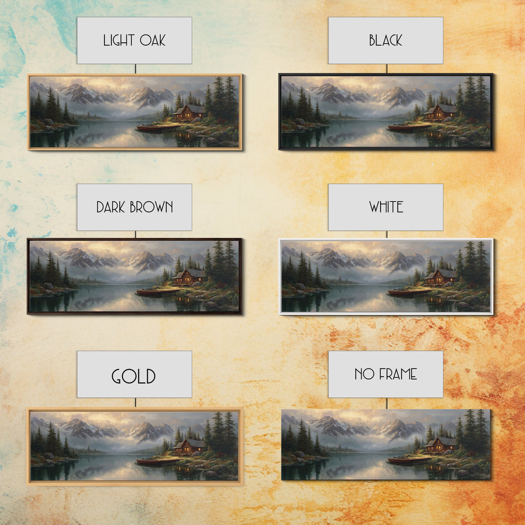 Mountain Lake Cabin Wall Art, Misty Alpine Landscape Canvas, Rustic Nature Decor, Large Horizontal Living Room Print, Housewarming Gift