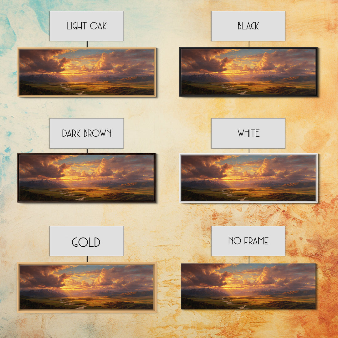 Golden Mountain Valley Sunset Wall Art, Panoramic Landscape Painting, Rustic Nature Decor For Living Room And Office Wall Decor
