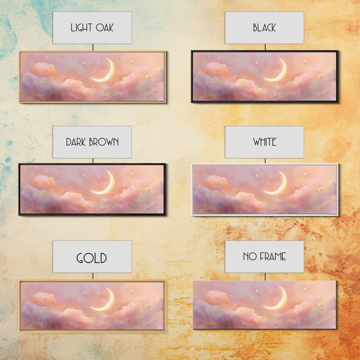 Peach Crescent Moon Over Pastel Clouds Framed Canvas Print, Celestial Wall Art, Soft Nursery Decor, Calming Bedroom Art Print